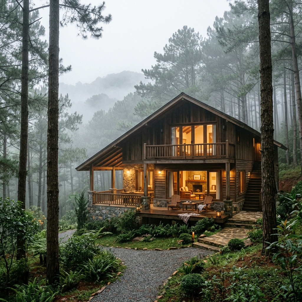 Lò sưởi ấm cúng trong villa rừng thông