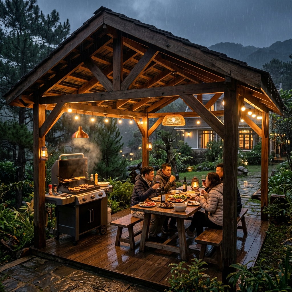 Khu vực nướng BBQ có mái che tại villa Đà Lạt