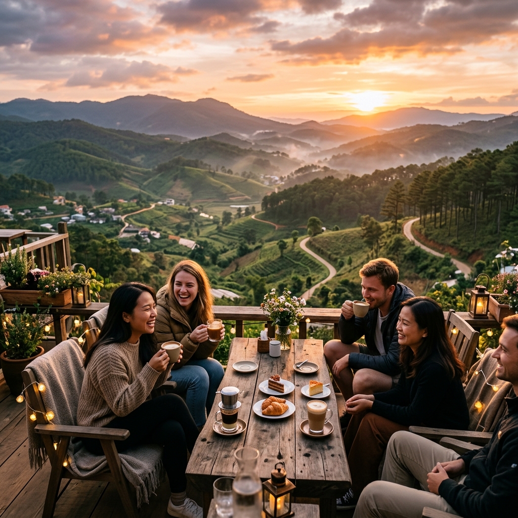 Góc ban công chill cho 4 người ngắm thung lũng