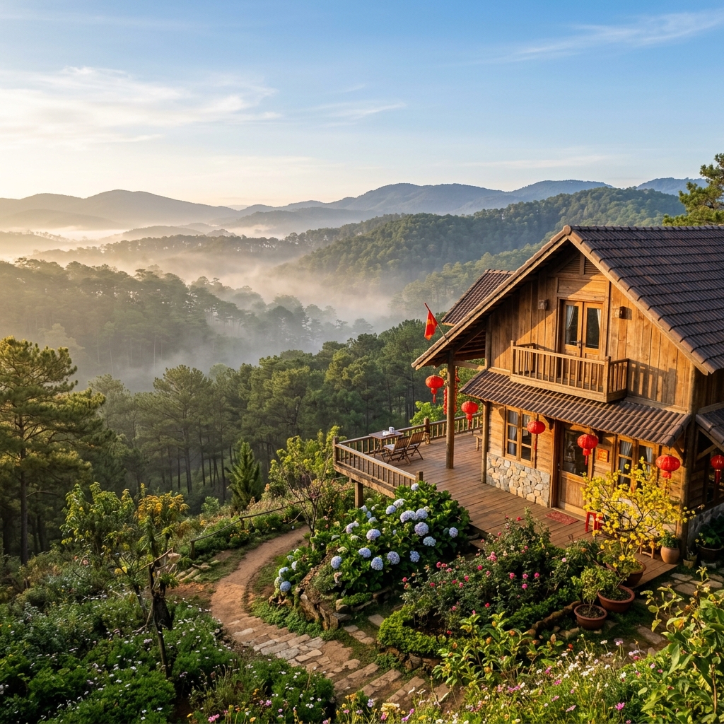 Villa vùng ven ngắm thung lũng sương mù